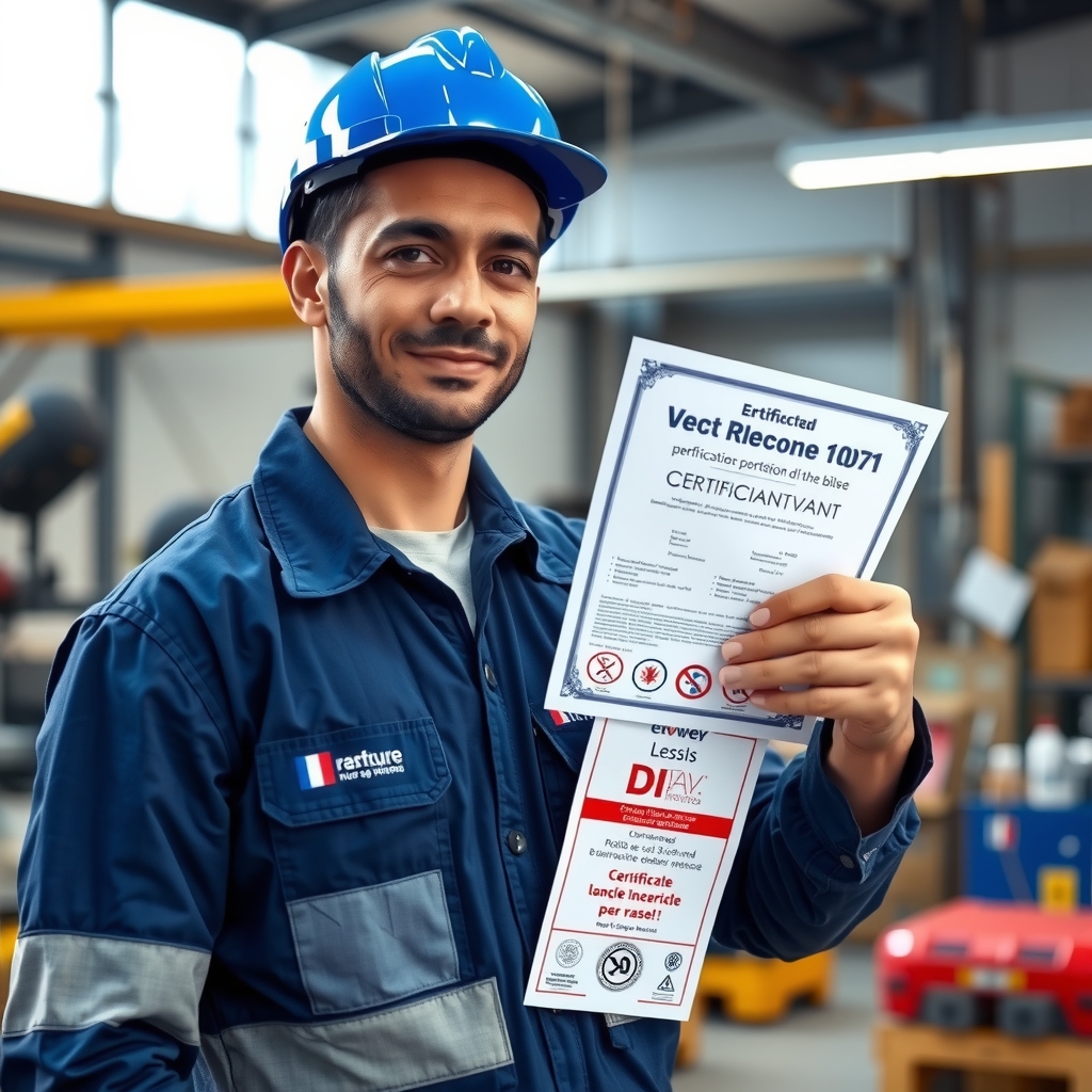 Électricien professionnel certifié présentant ses qualifications et garanties dans son atelier à Béziers