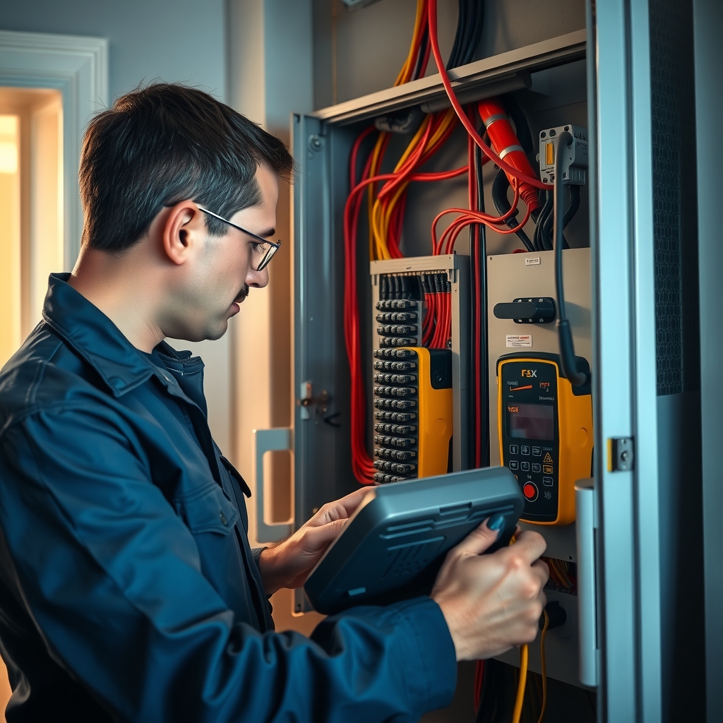 Électricien réalisant un diagnostic de conformité électrique sur un tableau à Béziers