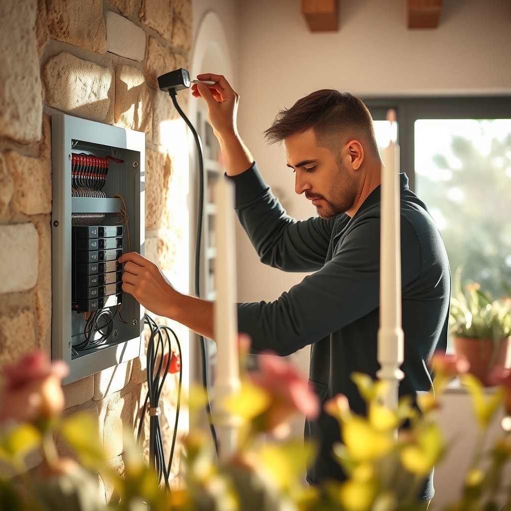 Artisan électricien au travail sur un tableau électrique moderne dans une maison méditerranéenne de Béziers